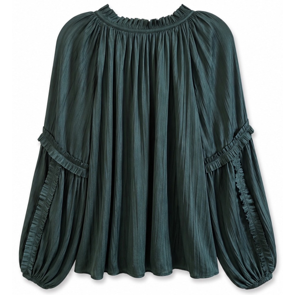 Roan + Ryan Dark Green Plissé Peasant Blouse Romantic Boho Fairy Core Top M - Picture 3 of 6